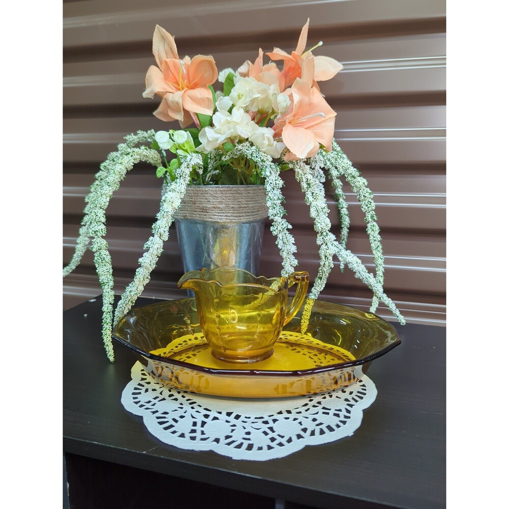 Vintage Amber Pressed Glass Creamer and Tea Platter Tray Serving Dish Plate